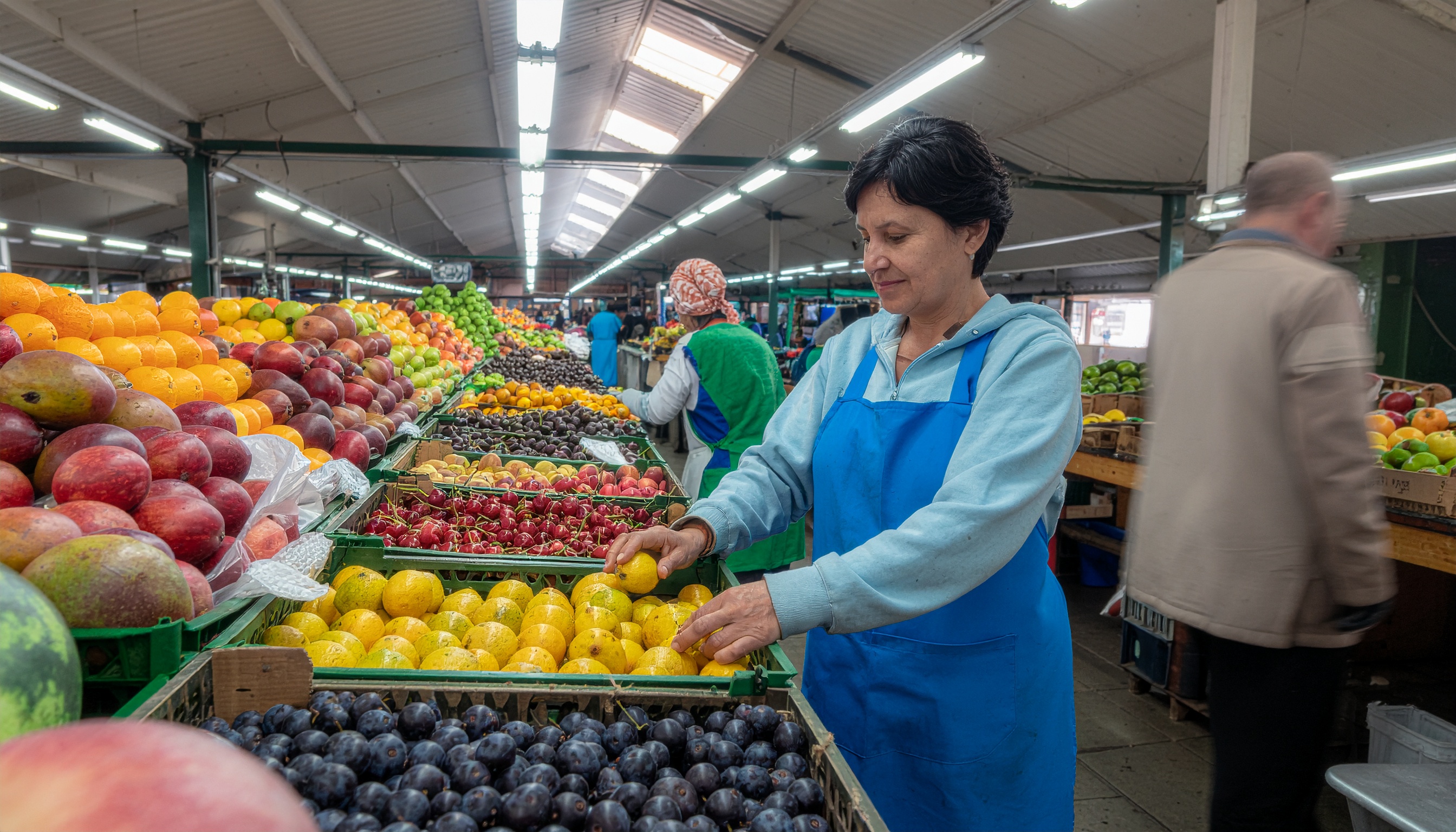 Cena de mercado coberto com bancadas repletas de frutas coloridas e vibrantes. Uma mulher de avental azul organiza frutas, enquanto outras pessoas circulam no ambiente. Iluminação artificial e teto alto criam uma atmosfera acolhedora e movimentada, capturando o cotidiano de um mercado urbano.